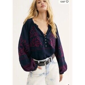 Free People Navy Persuasion Top Embroidered Button Pullover Oversized